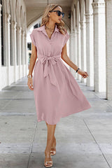 Button Wide Sleeve Belt Solid Fit Dress - MVTFASHION.COM