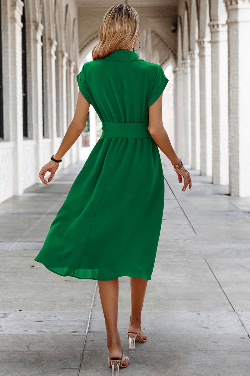 Button Wide Sleeve Belt Solid Fit Dress - MVTFASHION.COM