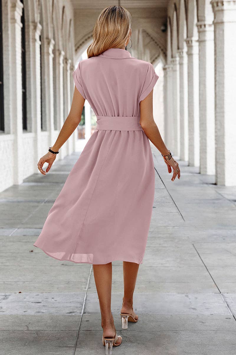 Button Wide Sleeve Belt Solid Fit Dress - MVTFASHION.COM