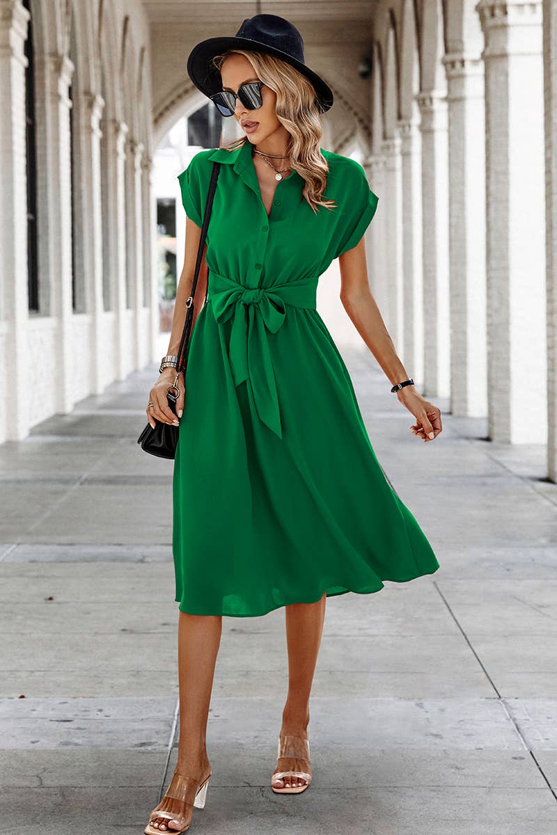 Button Wide Sleeve Belt Solid Fit Dress - MVTFASHION.COM