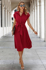 Button Wide Sleeve Belt Solid Fit Dress - MVTFASHION.COM