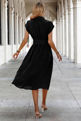 Button Wide Sleeve Belt Solid Fit Dress - MVTFASHION.COM