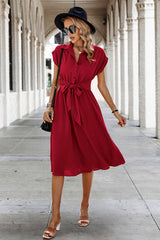 Button Wide Sleeve Belt Solid Fit Dress - MVTFASHION.COM