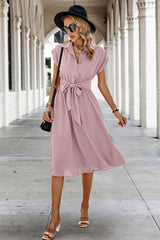 Button Wide Sleeve Belt Solid Fit Dress - MVTFASHION.COM