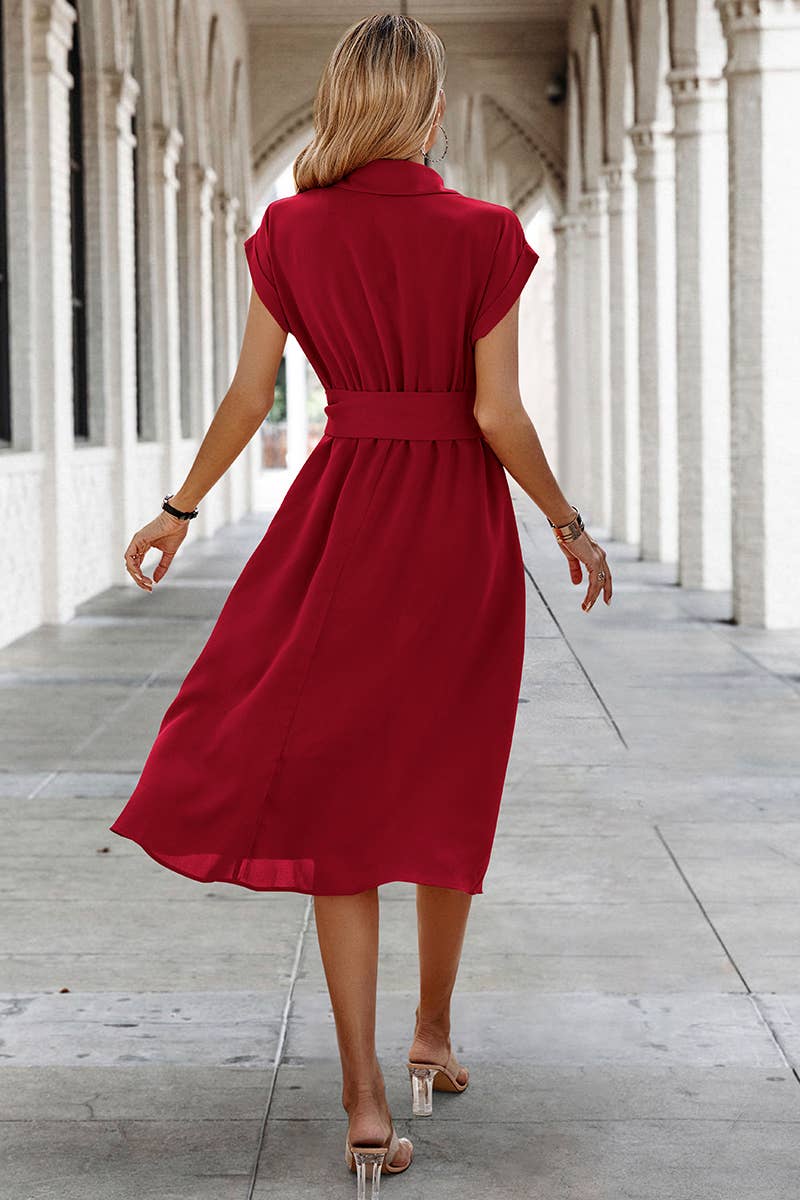 Button Wide Sleeve Belt Solid Fit Dress - MVTFASHION.COM