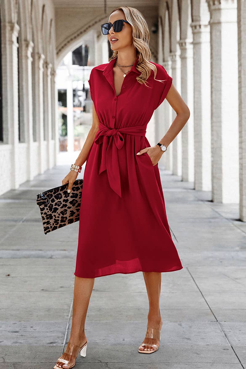 Button Wide Sleeve Belt Solid Fit Dress - MVTFASHION.COM