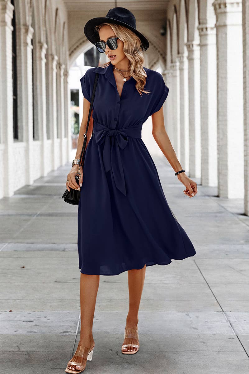 Button Wide Sleeve Belt Solid Fit Dress - MVTFASHION.COM