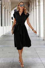 Button Wide Sleeve Belt Solid Fit Dress - MVTFASHION.COM