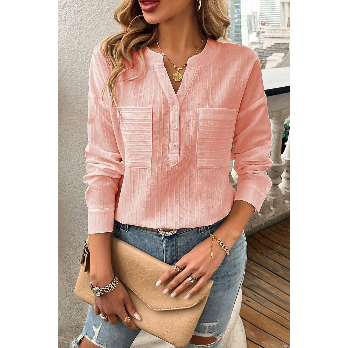 Pleated V Neck Pockets Button Drop Shoulder Blouse - MVTFASHION.COM