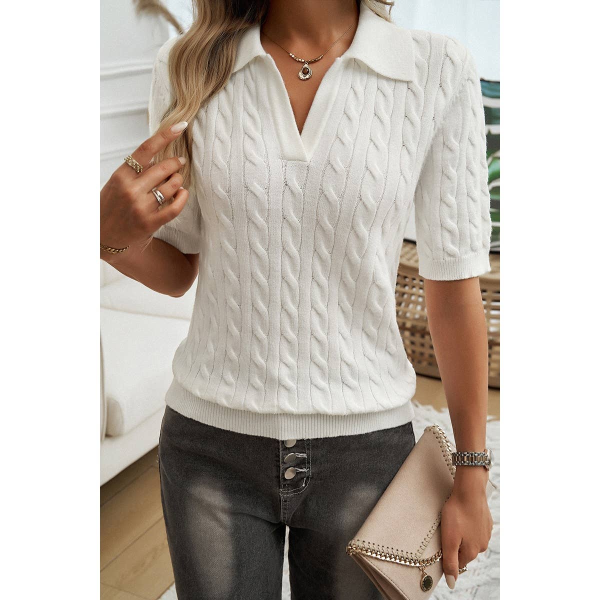 Cable Knit V Neck Short Sleeve Polo Collar Sweater - MVTFASHION.COM