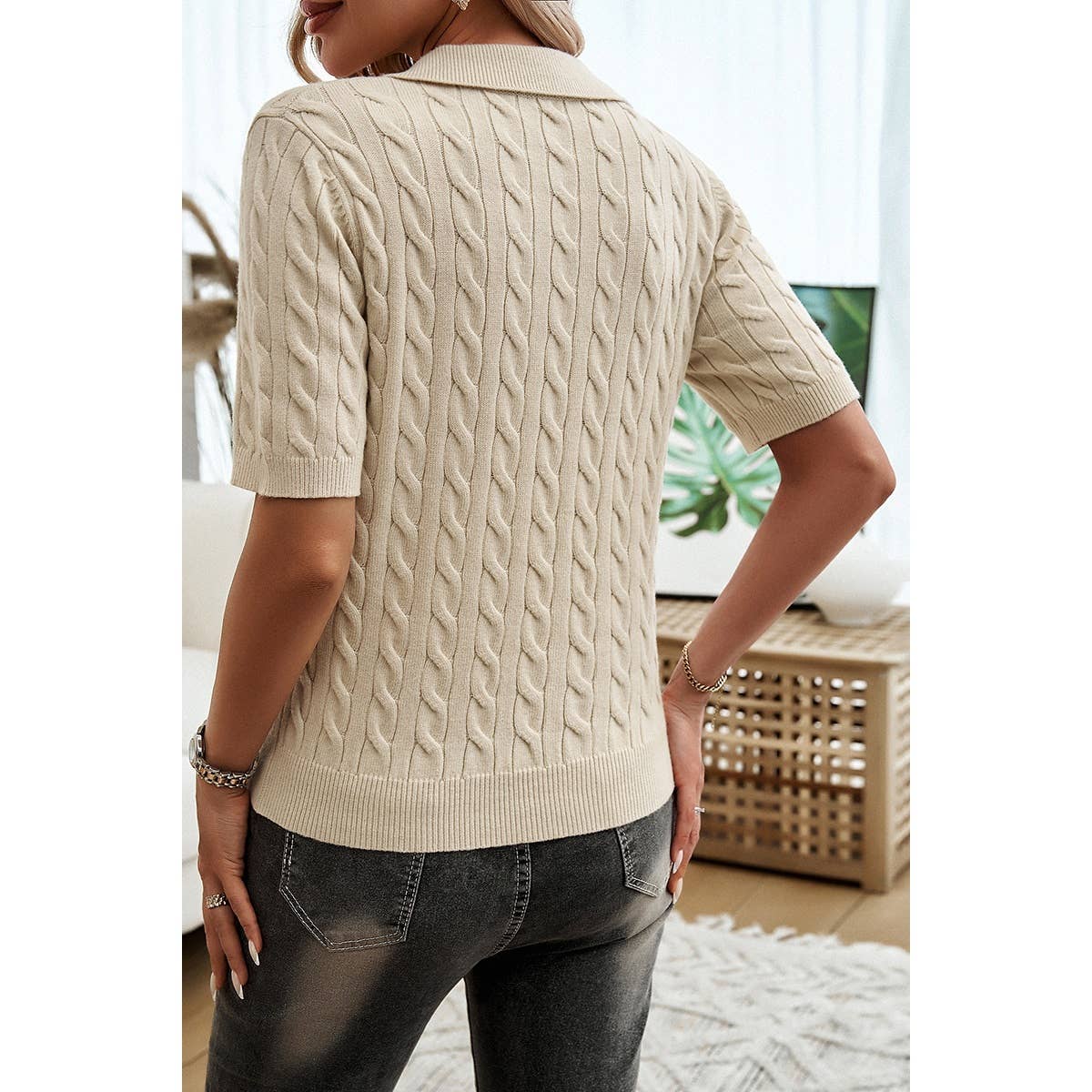 Cable Knit V Neck Short Sleeve Polo Collar Sweater - MVTFASHION.COM