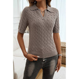 Cable Knit V Neck Short Sleeve Polo Collar Sweater - MVTFASHION.COM