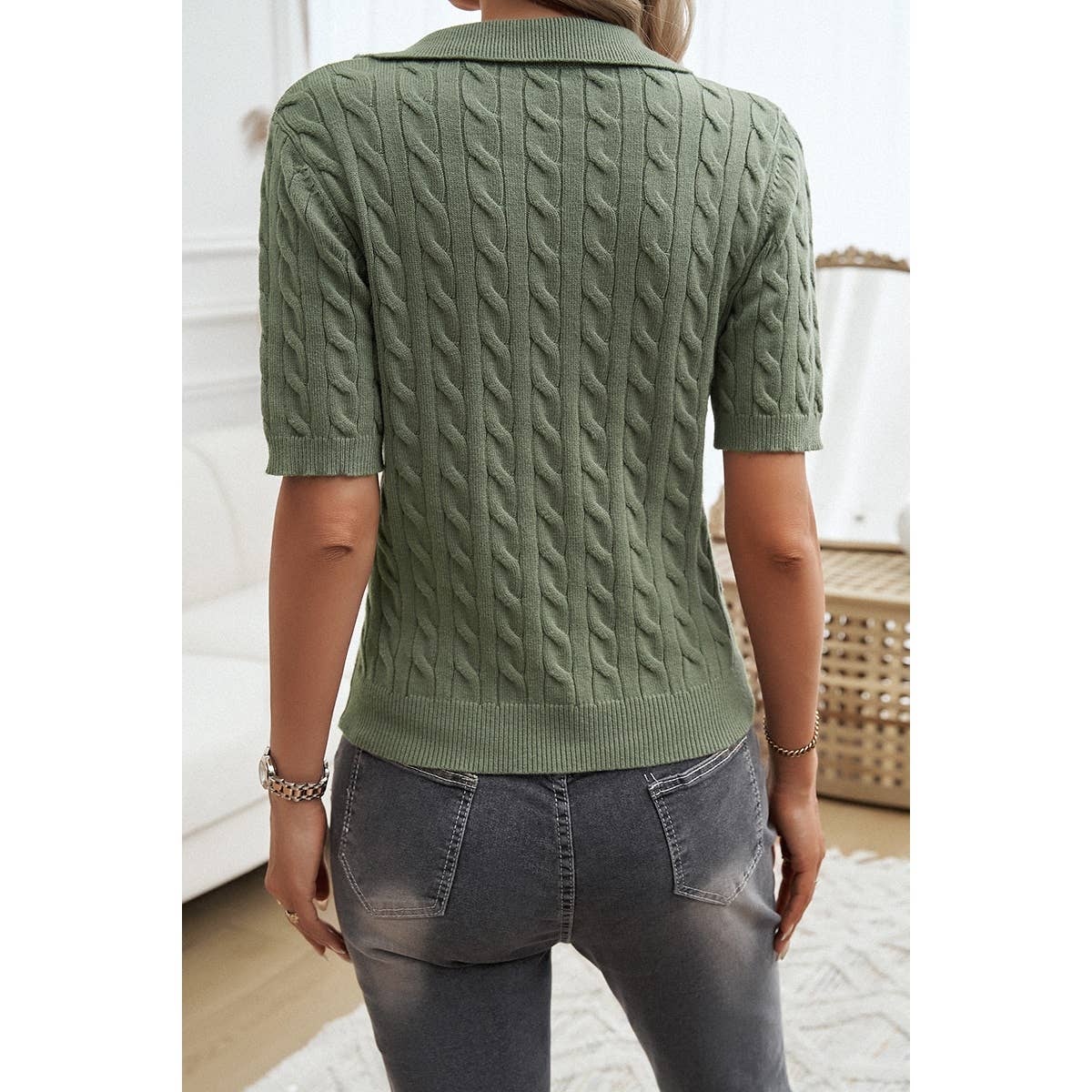 Cable Knit V Neck Short Sleeve Polo Collar Sweater - MVTFASHION.COM