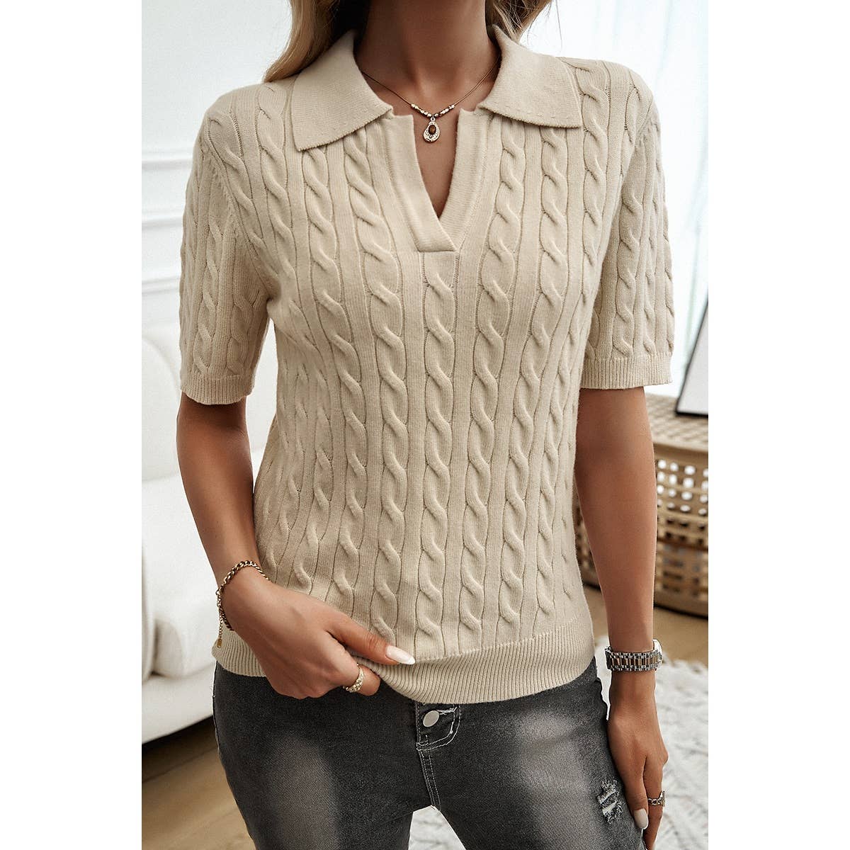 Cable Knit V Neck Short Sleeve Polo Collar Sweater - MVTFASHION.COM