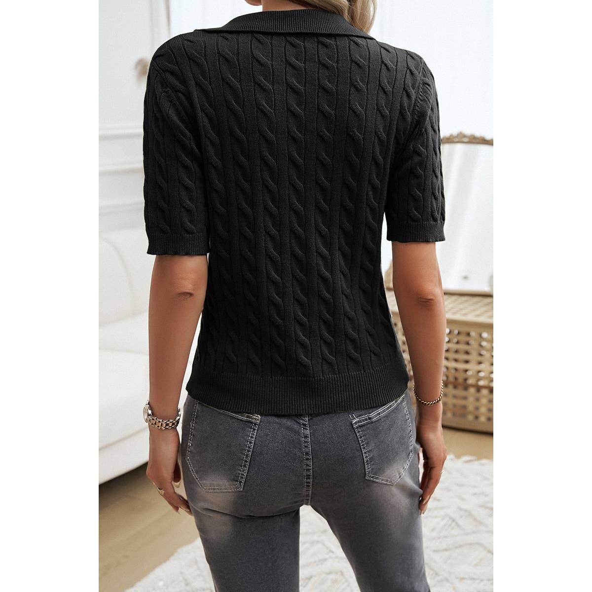 Cable Knit V Neck Short Sleeve Polo Collar Sweater - MVTFASHION.COM