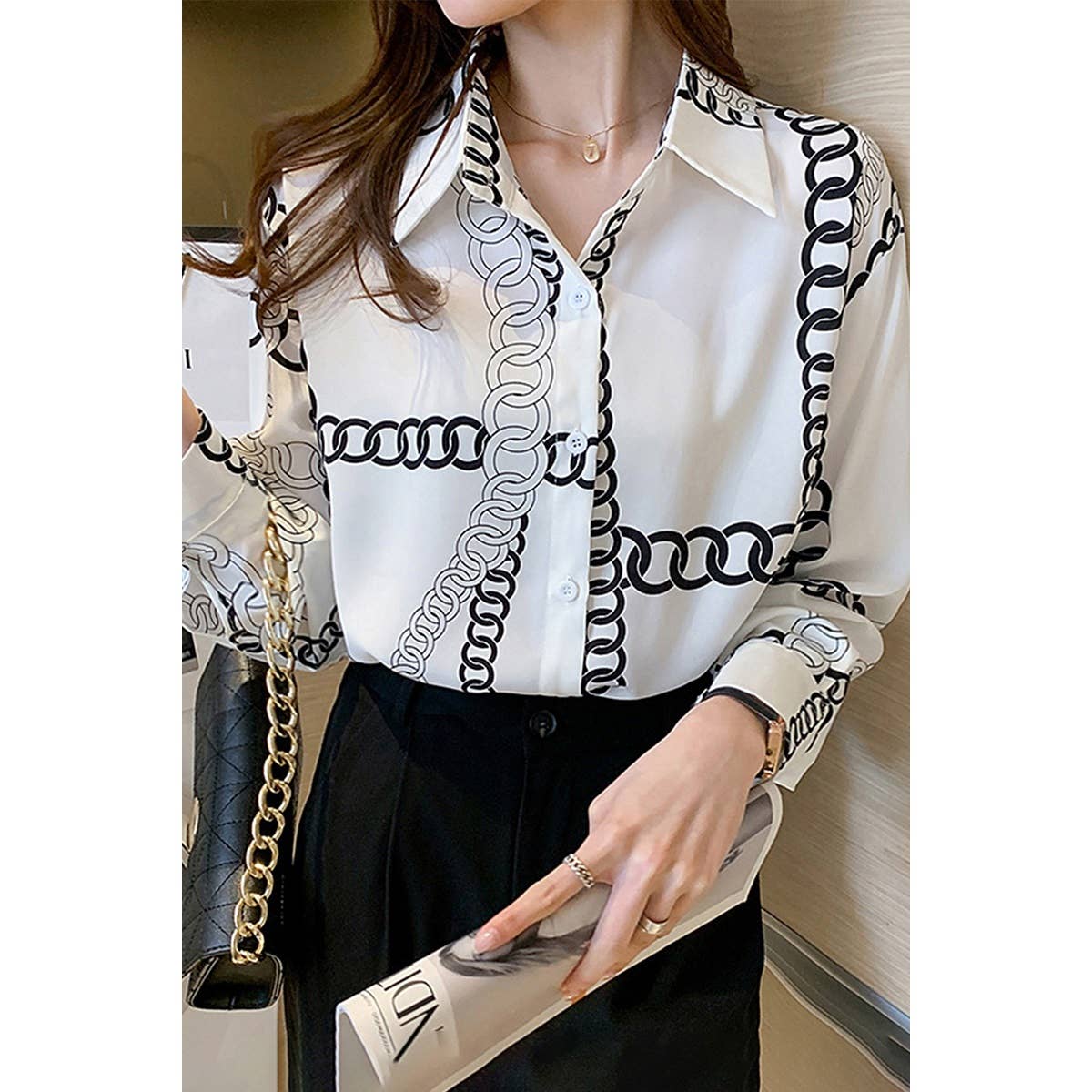 Chain Print Drop Shoulder Loose Fit Blouse - MVTFASHION.COM