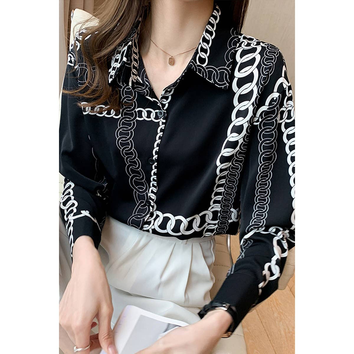 Chain Print Drop Shoulder Loose Fit Blouse - MVTFASHION.COM