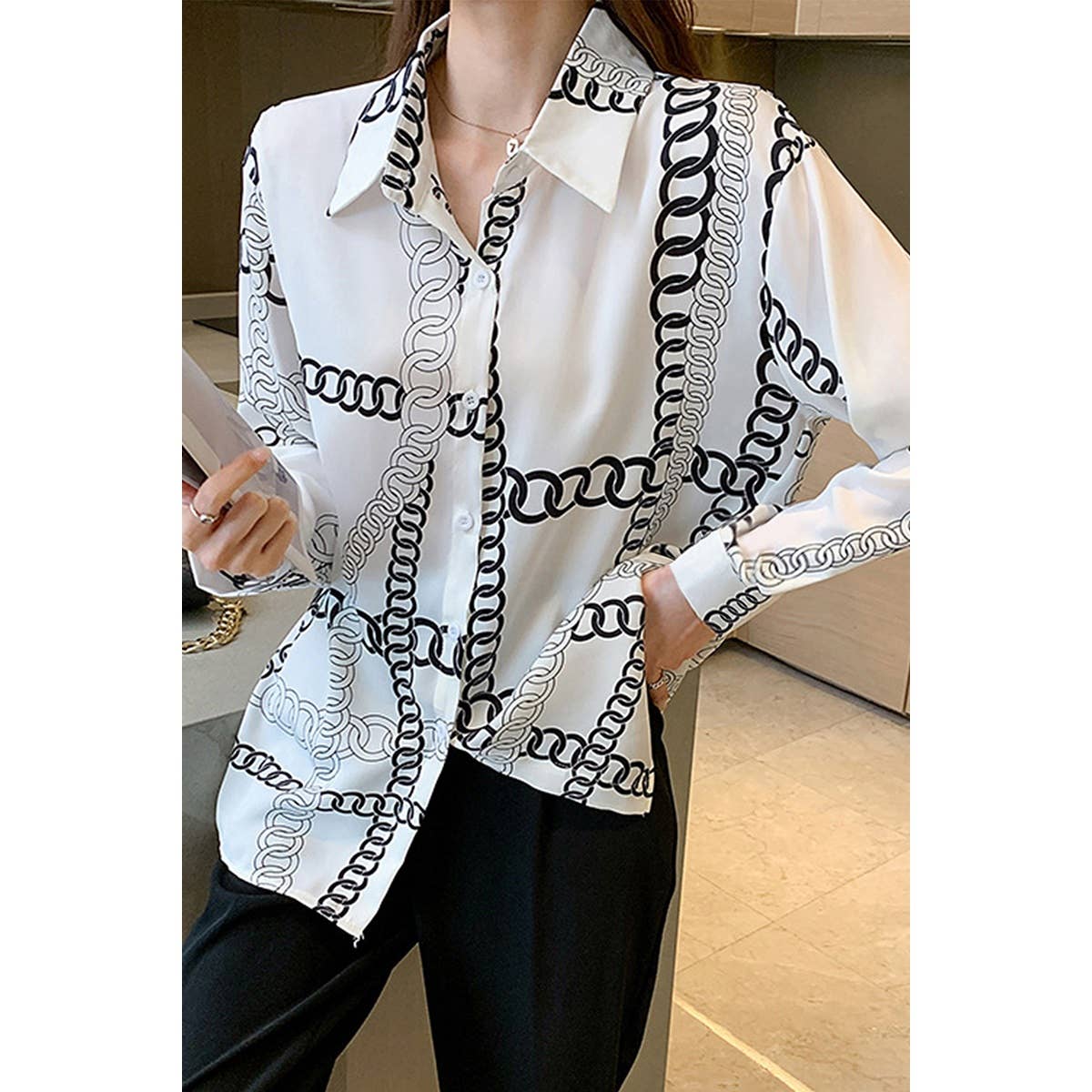 Chain Print Drop Shoulder Loose Fit Blouse - MVTFASHION.COM