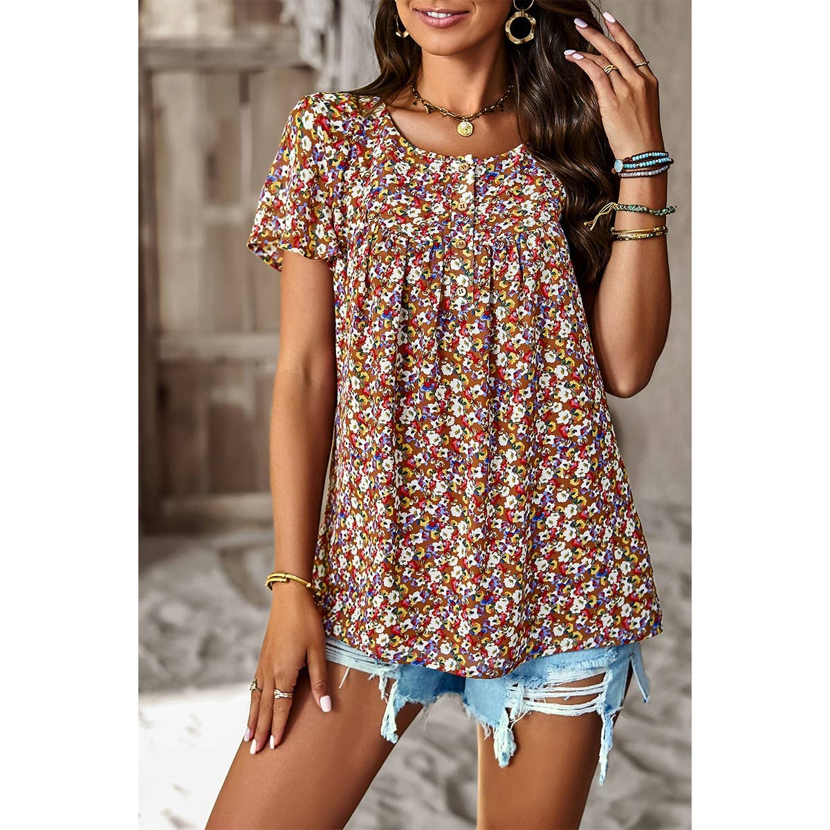 Chiffon Floral Print Short Sleeve Blouse - MVTFASHION.COM