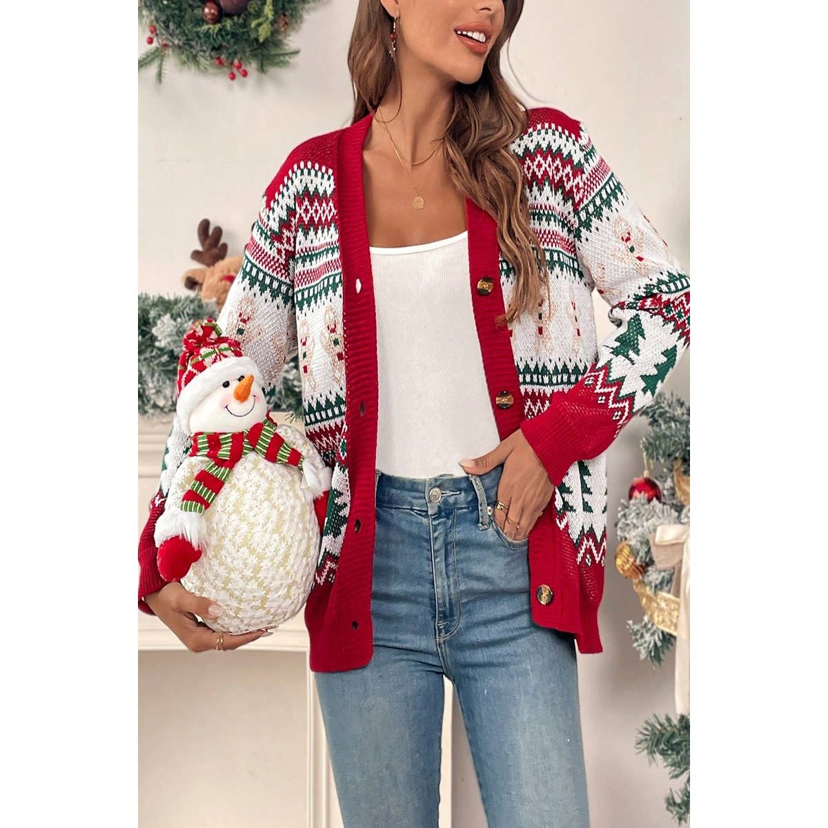 Christmas Print Knit Button Down Loose Cardigan - MVTFASHION.COM