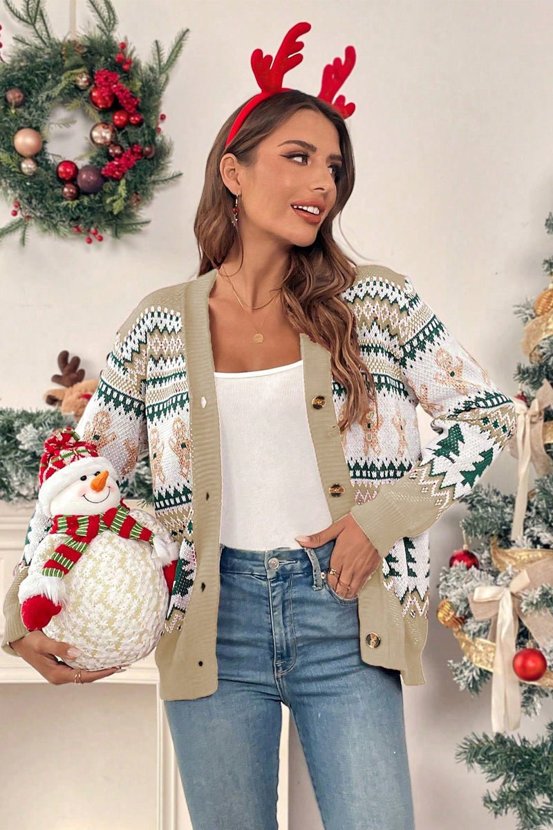 Christmas Print Knit Button Down Loose Cardigan - MVTFASHION.COM