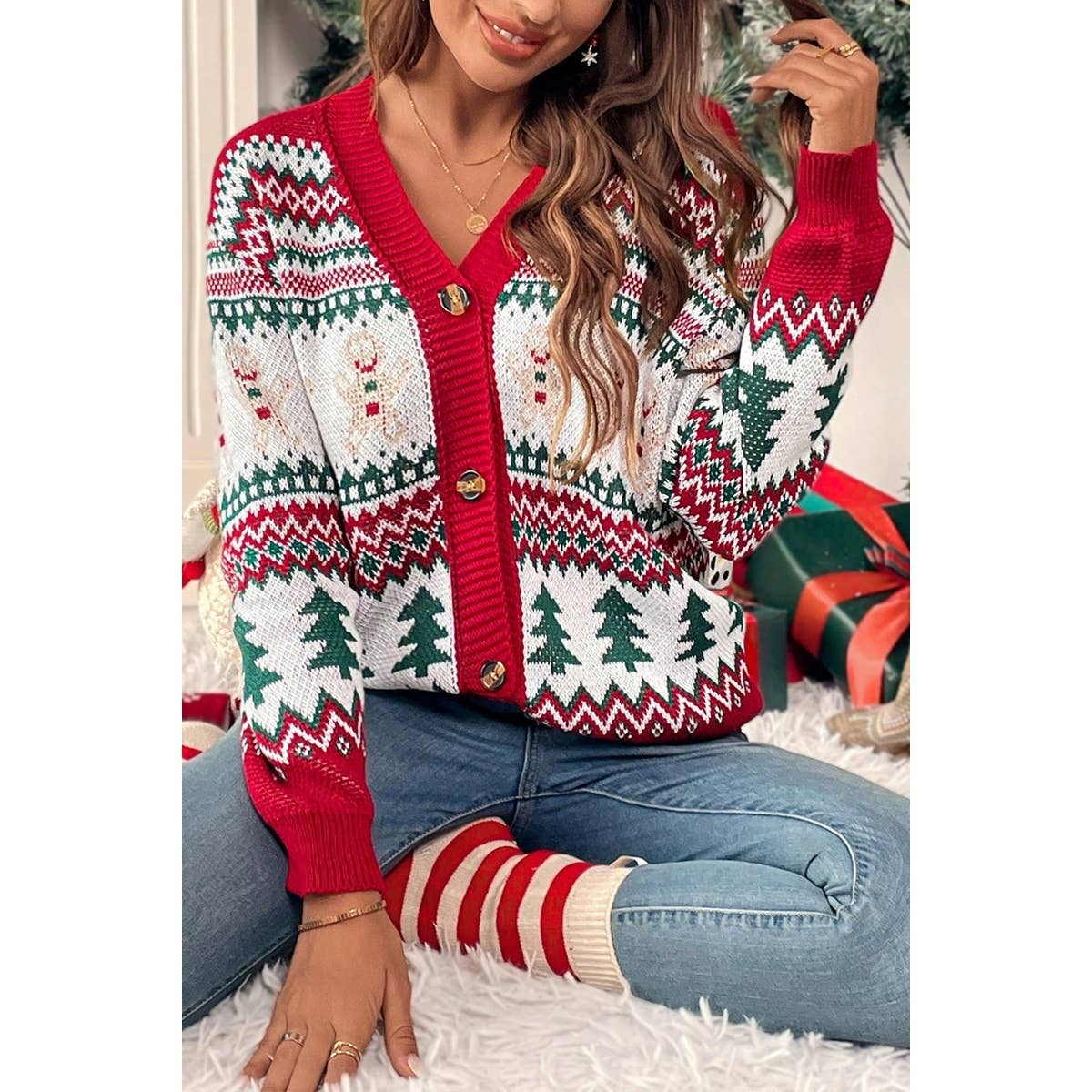 Christmas Print Knit Button Down Loose Cardigan - MVTFASHION.COM