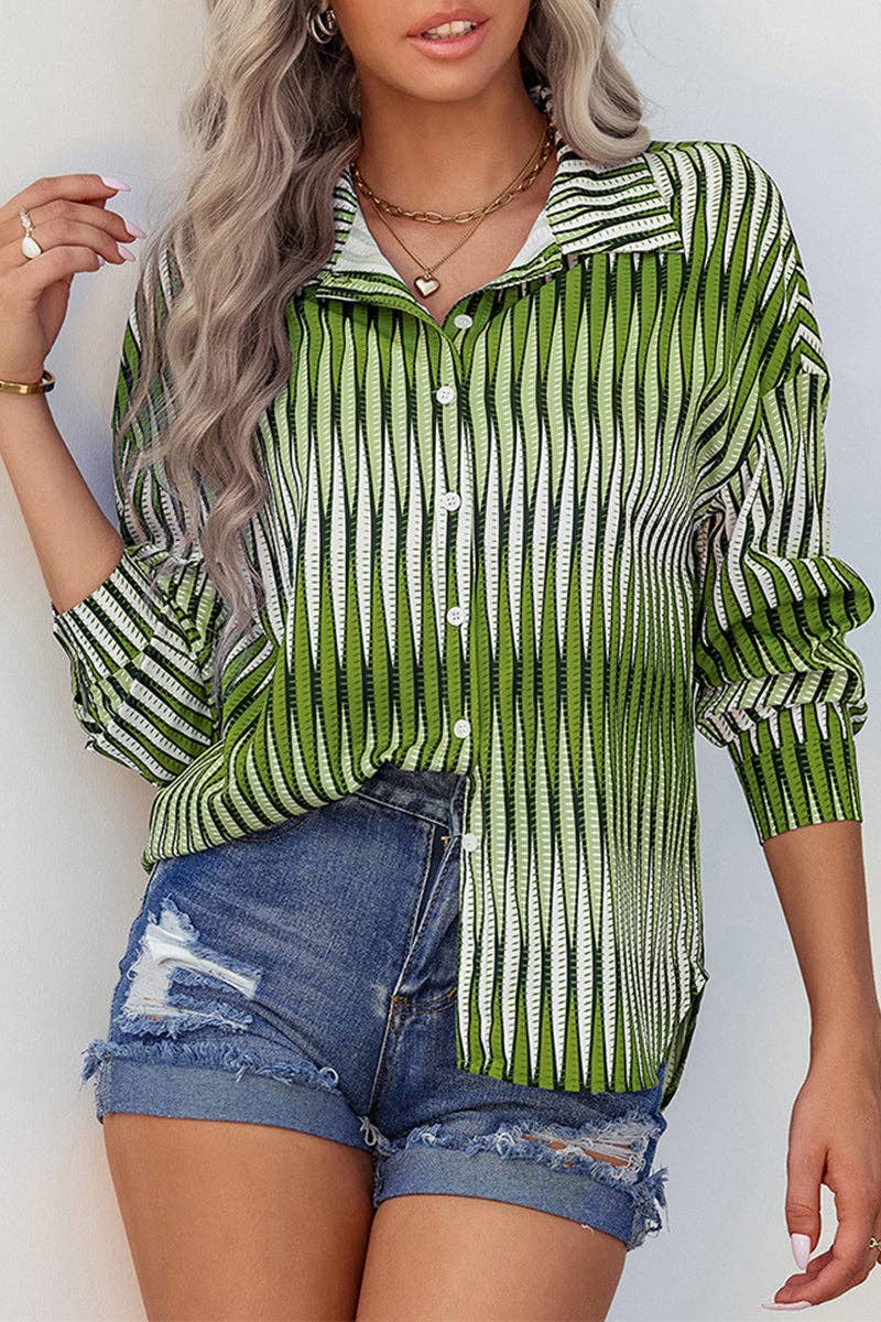 Collared Button Graphic Print Loose Shirt Top - MVTFASHION.COM