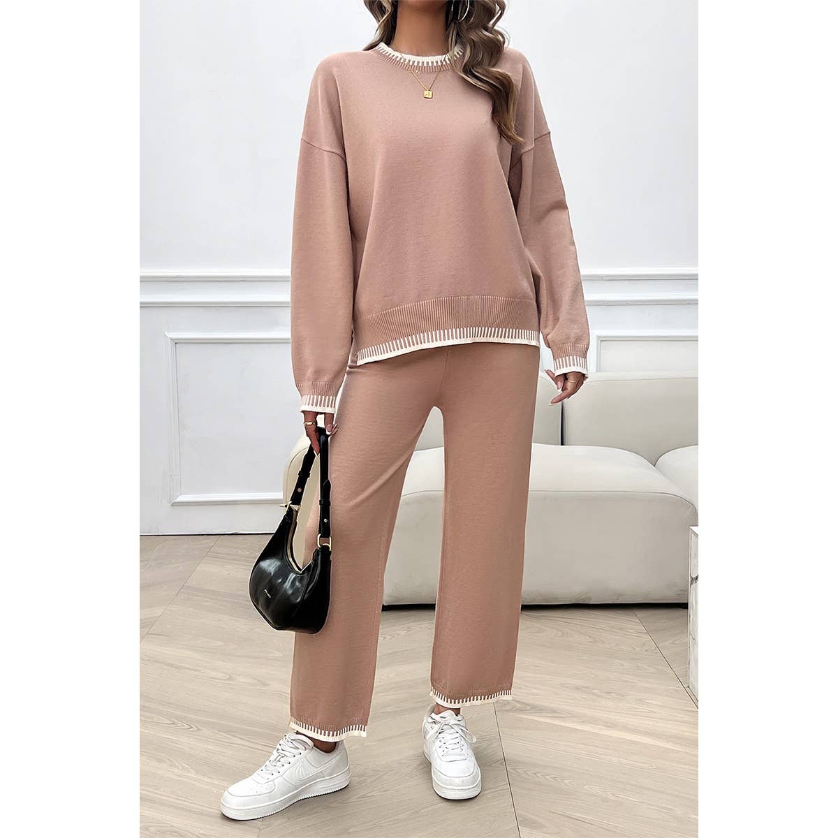 Colock Block Round Neck Drop Shoulder Loose Set - MVTFASHION.COM