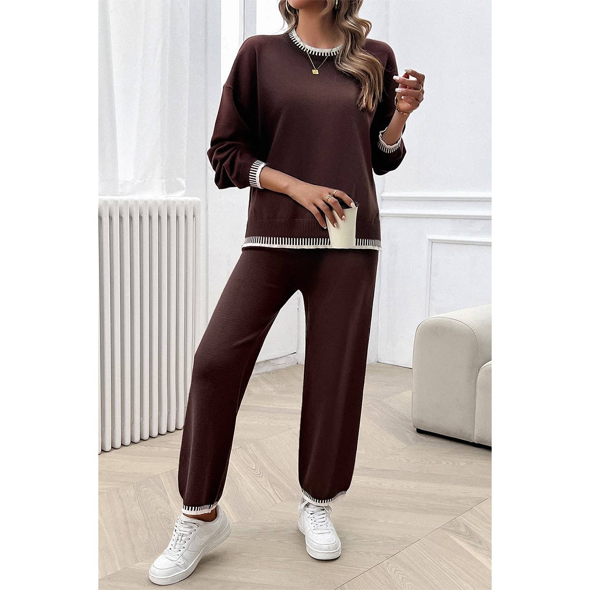 Colock Block Round Neck Drop Shoulder Loose Set - MVTFASHION.COM