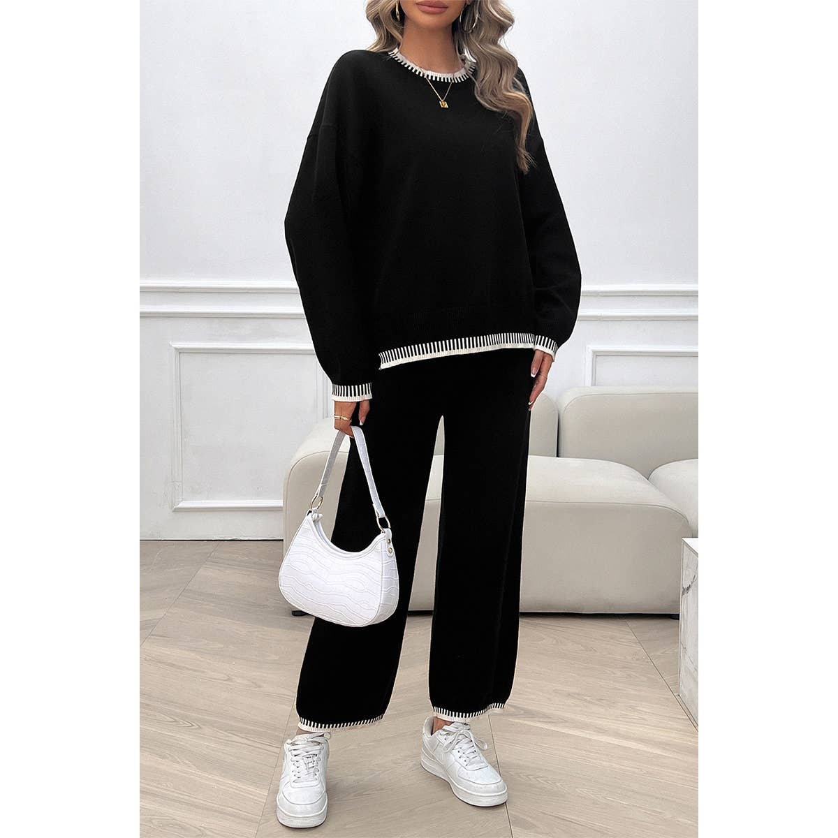 Colock Block Round Neck Drop Shoulder Loose Set - MVTFASHION.COM