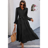 Color Block Belt Button Ruffle Solid Full Dress - MVTFASHION.COM