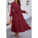 Color Block Belt Button Ruffle Solid Full Dress - MVTFASHION.COM