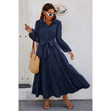 Color Block Belt Button Ruffle Solid Full Dress - MVTFASHION.COM