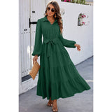 Color Block Belt Button Ruffle Solid Full Dress - MVTFASHION.COM