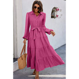 Color Block Belt Button Ruffle Solid Full Dress - MVTFASHION.COM