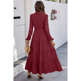 Color Block Belt Button Ruffle Solid Full Dress - MVTFASHION.COM