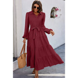 Color Block Belt Button Ruffle Solid Full Dress - MVTFASHION.COM