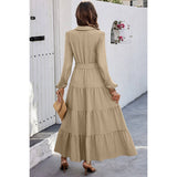 Color Block Belt Button Ruffle Solid Full Dress - MVTFASHION.COM