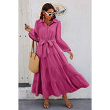 Color Block Belt Button Ruffle Solid Full Dress - MVTFASHION.COM