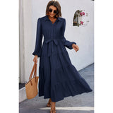 Color Block Belt Button Ruffle Solid Full Dress - MVTFASHION.COM