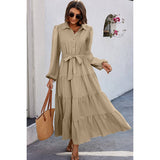 Color Block Belt Button Ruffle Solid Full Dress - MVTFASHION.COM