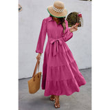 Color Block Belt Button Ruffle Solid Full Dress - MVTFASHION.COM