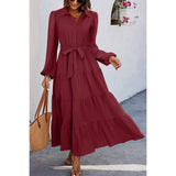 Color Block Belt Button Ruffle Solid Full Dress - MVTFASHION.COM