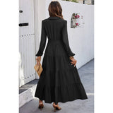 Color Block Belt Button Ruffle Solid Full Dress - MVTFASHION.COM