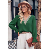 Color Block Deep V Neck Hollow Out Loose Blouse - MVTFASHION.COM