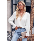 Color Block Deep V Neck Hollow Out Loose Blouse - MVTFASHION.COM