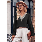 Color Block Deep V Neck Hollow Out Loose Blouse - MVTFASHION.COM