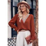 Color Block Deep V Neck Hollow Out Loose Blouse - MVTFASHION.COM