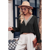 Color Block Deep V Neck Hollow Out Loose Blouse - MVTFASHION.COM