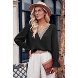 Color Block Deep V Neck Hollow Out Loose Blouse - MVTFASHION.COM